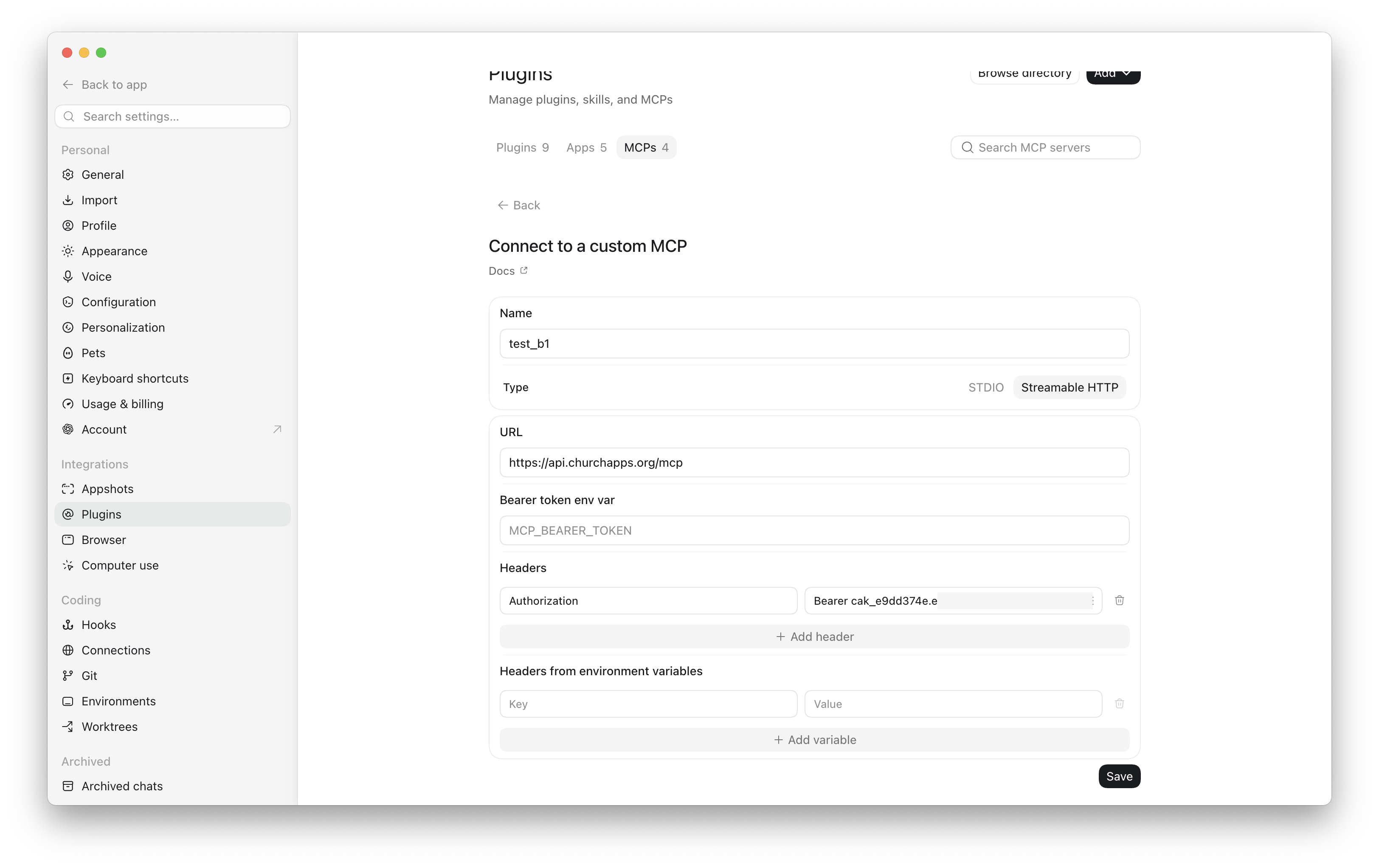 Filled in example showing Authorization in Key and Bearer key in Value