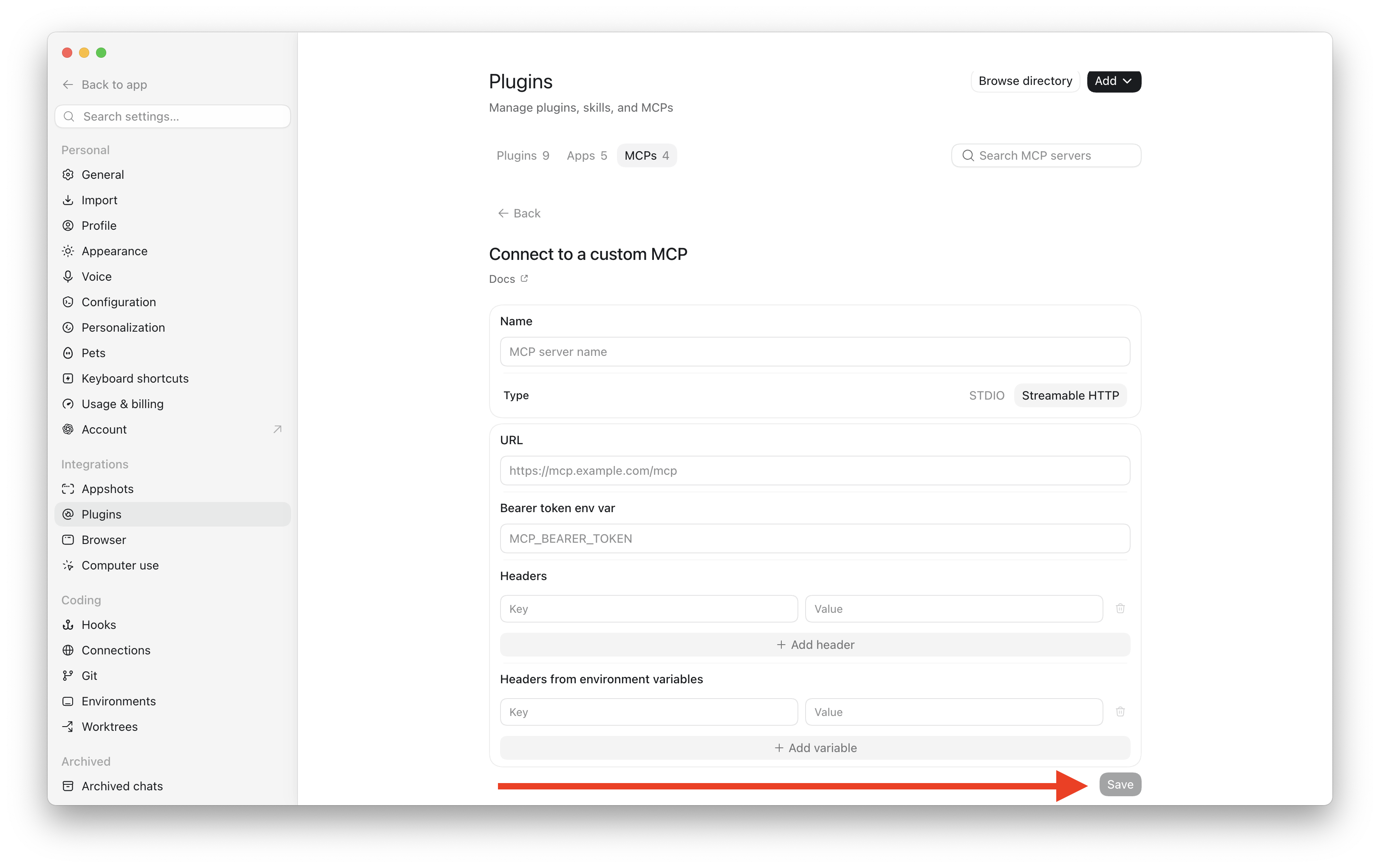Connect to a custom MCP form